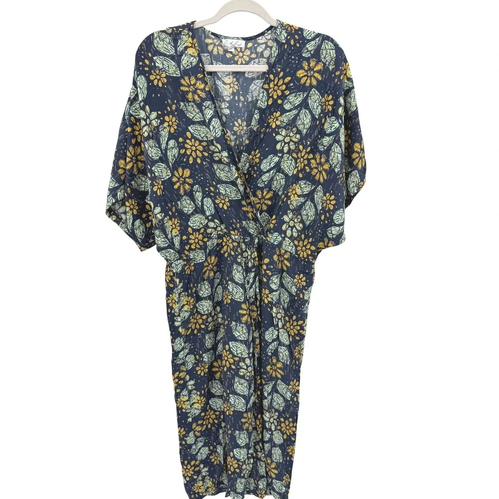 On The Road Womens Floral Batik Surplice V-Neck Drawstring Cropped Jumpsuit Navy